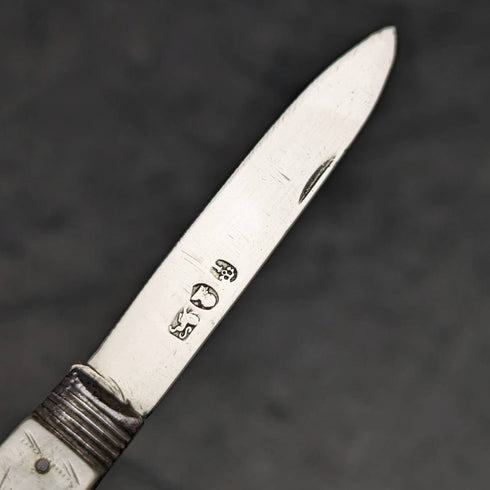 1818 British Antique White Pearl Shell Handle Pure Silver Blade Folding Pen Knife